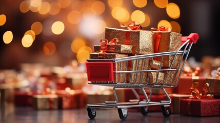 A shopping cart full of gifts is on a table