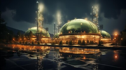 Naklejka premium A futuristic cityscape with a large green dome building in the center