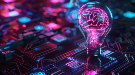 Neon AI brain in a light bulb against a blurry background of modern technology