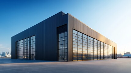 Fototapeta premium Empty large modern warehouse exterior with metal cladding and large windows, set against the backdrop of clear sky. Logistics distribution center, Retail warehouse.