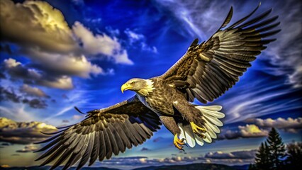 Obraz premium A white-headed eagle soaring through the air, in flight. Photography of birds. Image on a banner, billboard, calendar, window, poster.