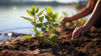 Close up of a person's hand planting a small tree in the dirt near a body of water. The sun is shining and the water is glistening.