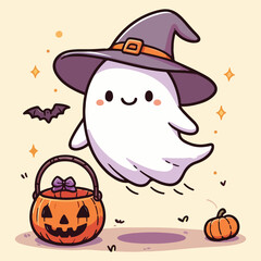 Cute ghost floating with Halloween pumpkin basket for Trick or Treat. Funny spooky boo character. Spook phantom with happy smiling face expression. kids flat vector illustration.