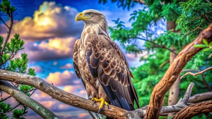White-headed eagle close-up image, sitting on a branch, tree, nest, image for calendar, advertisement, banner