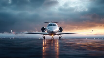 Luxurious private jet parked on foggy runway at night.