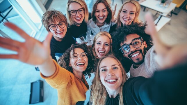 Selfie of group smiling coworker team standing in office looking up waving hand saying hello inviting new members to business leader forum event.