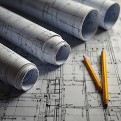 Blueprint floor plan architectural project on the table with yellow helmet and pencil

