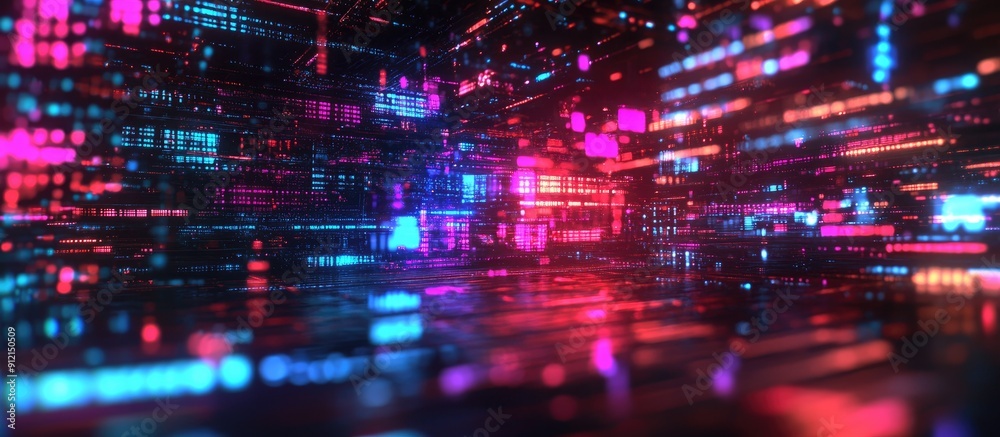 Poster 3D rendering of AI technology text featuring dynamic screen effects and visual distortions showcasing various types of interference