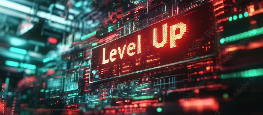 Poster 3D Rendering of Level Up Text with Technological Glitch Effects and Diverse Screen Interference