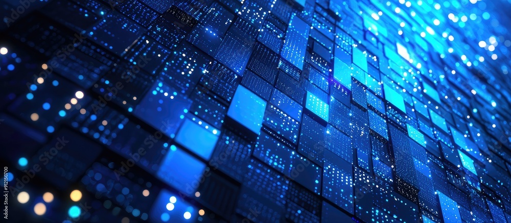 Poster abstract blue mosaic background featuring led squares emphasizing a digital technology concept vibra