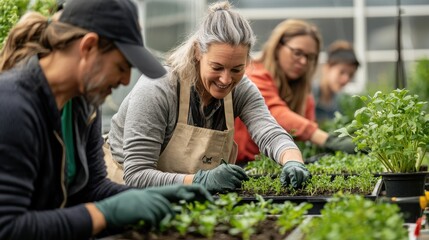 A group of adults taking a gardening class, planting seeds and tending to plants in a greenhouse, with the instructor demonstrating proper techniques 