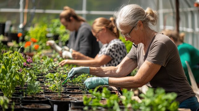 A group of adults taking a gardening class, planting seeds and tending to plants in a greenhouse, with the instructor demonstrating proper techniques 