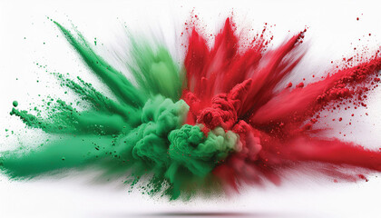 Vibrant explosion of green and red powder on a white background, creating an abstract art effect.