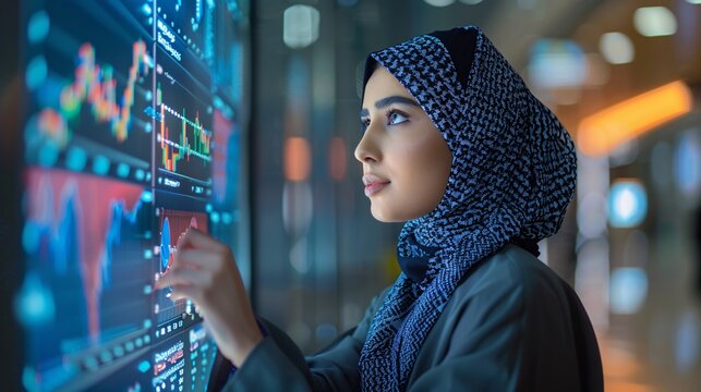 Businesswoman Analyzing Financial Data on a Screen