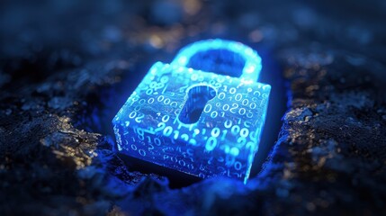 A radiant blue padlock with a keyhole made of bina glows brightly in a dark setting, symbolizing security and digital protection