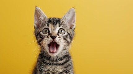 Obraz premium A surprised kitten, eyes wide open, looks astonished against a bright yellow backdrop