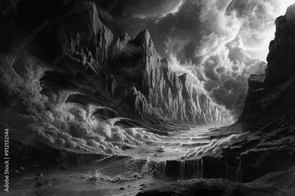 Wall mural a dramatic black and white landscape with a moon and waves crashing against rocky cliffs