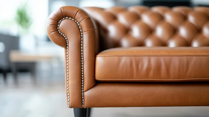 Close-up of a leather sofa with button accents, highlighting rich texture and craftsmanship in natural light.