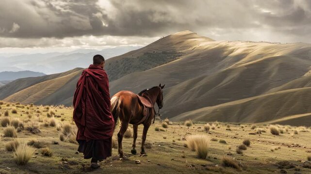 The horses and monks approached the mountaintop.