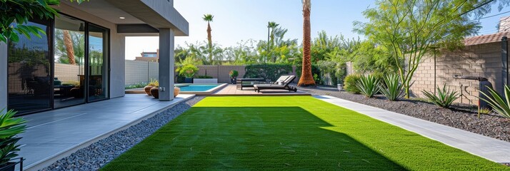 Modern Phoenix backyard with artificial grass, small patio, tree, seating, and space for kids, featuring green and white colors, fence, palm trees, pool, deck, and dog run.