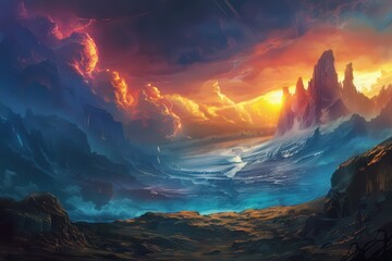 A fiery sky illuminates a dramatic mountain range with a river snaking through the valley