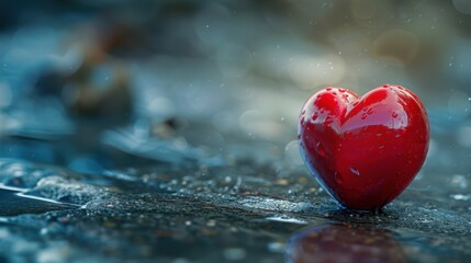 Fototapeta premium A radiant red heart rests on a wet surface, glistening as soft light reflects in a blurred backdrop, evoking feelings of love and warmth