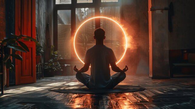 A man sits cross-legged, meditating in a serene room illuminated by a glowing light ring as evening light filters through the windows