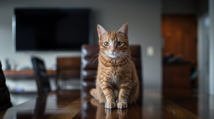 A confident orange cat sits on a polished table in a boardroom, showcasing a poised demeanor as it prepares for an important meeting