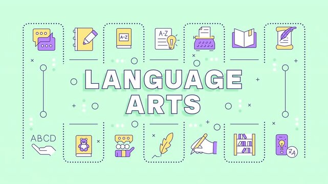 Language arts word concept animation. Social studies, alphabet letters. Grammar writing. School subject. Animated banner with colorful icons. HD video with alpha channel. Motion graphic