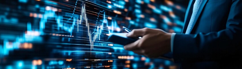 Fototapeta premium A business professional analyzing data on a smartphone, showcasing modern technology and financial market insights.