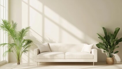 Naklejka premium Elegant Living Room Design Featuring A White Sofa And Green Plants On A Wooden Floor