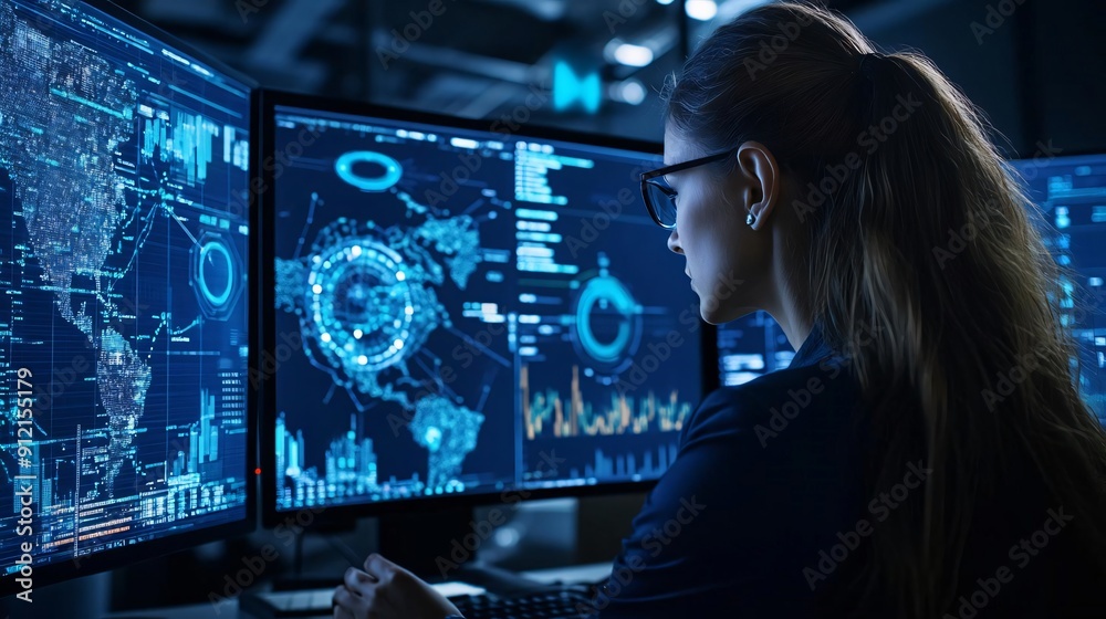 Poster a focused professional analyzes complex data on multiple screens in a modern tech environment, showc