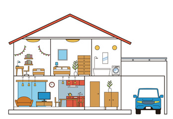 シンプルな住宅、一戸建て、家の断面図のイラスト　二階建て　駐車場と自動車　白背景