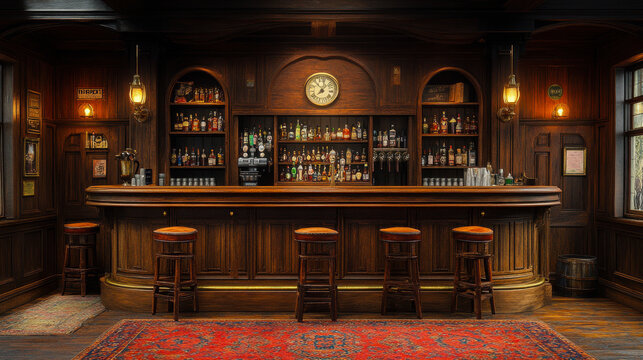 Old British Pub Interior with Wooden Paneling and Stocked Bar Counter at Night, Traditional Cozy Pub Atmosphere, Vintage Furniture, Four Empty Bar Stools, Carpeting, Warm Lighting