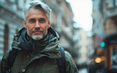 Fototapeta premium A man with gray hair wearing a green jacket walks casually down a historic street lined with charming buildings during the early evening