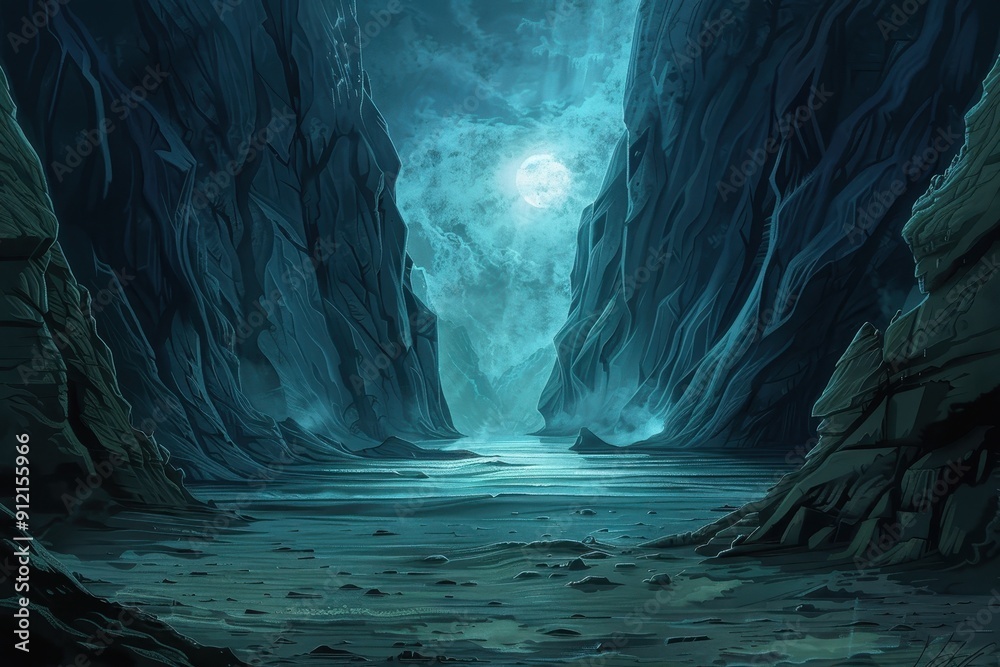Wall mural the image depicts a mystical canyon illuminated by a full moon