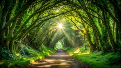 A Secluded Forest Tunnel Formed by Intertwined Tree Branches, Dappled Sunlight Creating Intricate Patterns on the Ground  AI Generated