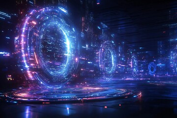 Obraz premium Futuristic digital portal with glowing rings, vibrant lights, and a sci-fi ambiance, perfect for tech and fantasy themes.