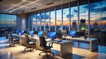 A Futuristic Office Setup Bathed in the Warm Glow of Evening, Displaying Vital Market Analysis Data Across Multiple Monitors  AI generated