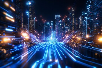 Futuristic cityscape with vibrant blue and orange light trails, symbolizing technology and digital innovation in urban environments.
