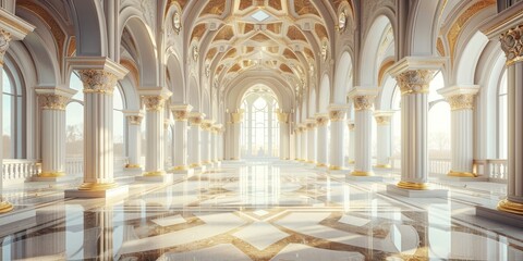 Obraz premium Majestic and Spacious Interior with White Arches and Gold Pillars Shiny Marble Floor with Geometric Patterns