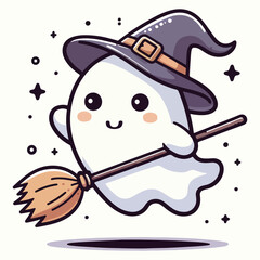 Cute young ghost floating with Halloween witch broom. Funny spooky boo character. Spook phantom with happy smiling face expression. Flat vector illustration.