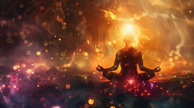 A figure meditates in a cosmic landscape, connecting with chakras and universal energy amidst vibrant colors and radiant light
