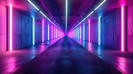 A long tunnel illuminated by bright neon lights in shades of pink and blue, creating a mesmerizing atmosphere along a wet floor