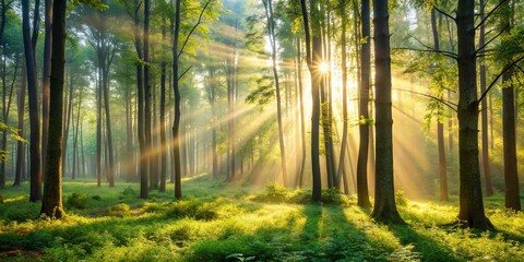 Obraz premium Serene forest bathed in soft morning light, nature, trees, green, peaceful, tranquil, dawn, sunlight, shadows, calm