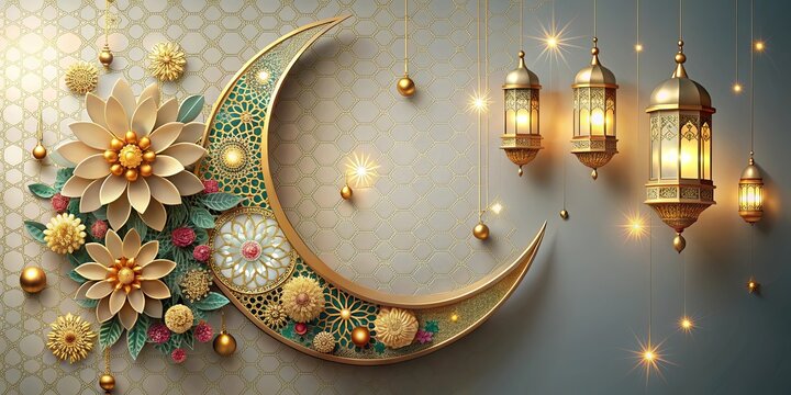 A festive Ramadan greeting card with crescent moon, lanterns, and floral decorations, Ramadan, Mobarak, Islamic, Muslim, Eid
