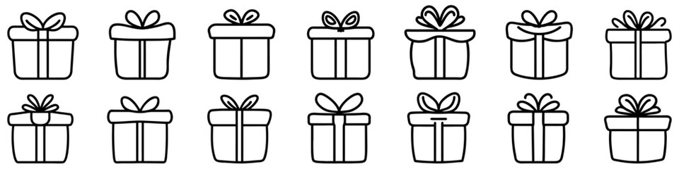 Gift box icon. Set of drawn gift boxes with bow. Linear gift box icon. Vector illustration