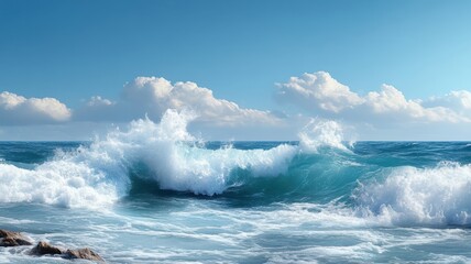 Photorealistic pattern of waves crashing against rocky coastline.