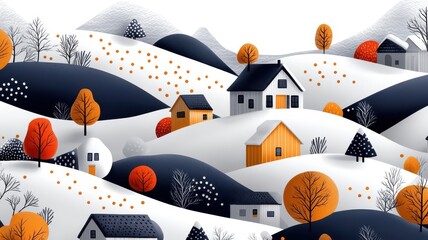 Cheerful pattern with colorful houses and stylized trees on rolling hills.