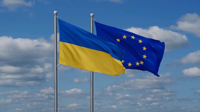 European Union and Ukraine flags flying together, video concept of the relationship